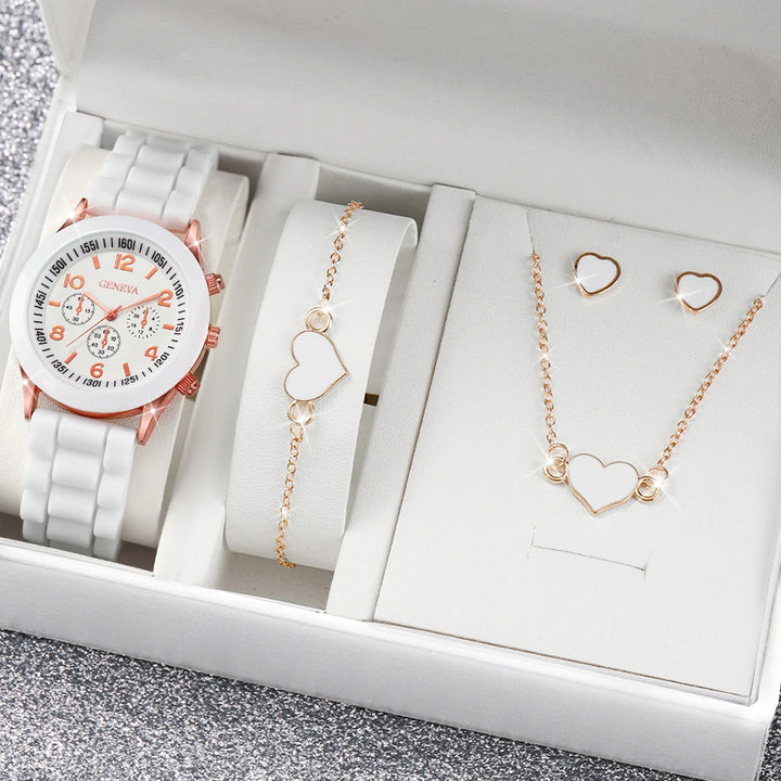 TimelessCharm 4-Piece Watch & Heart Jewelry Set